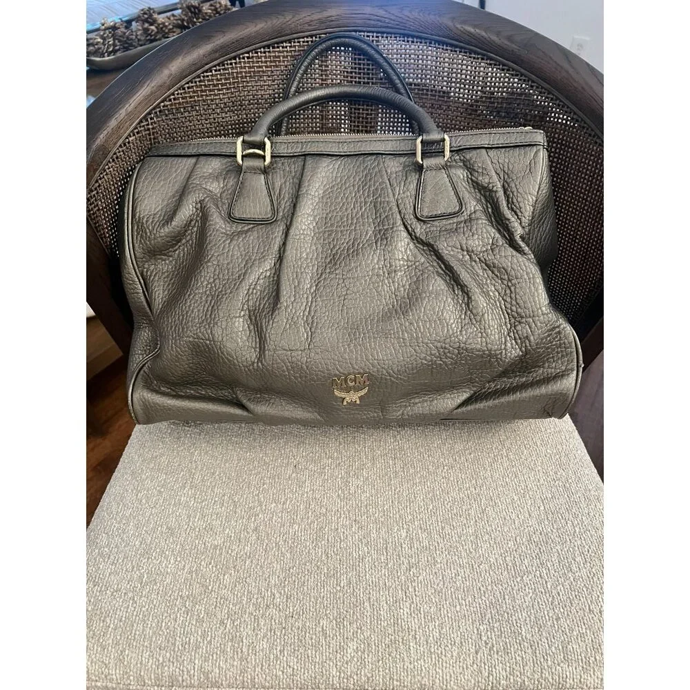 MCM Pebbled Leather Gray Satchel Bag